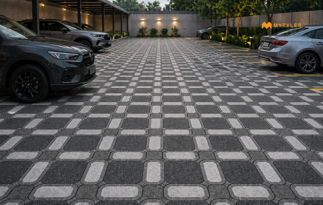 Parking tile in a heavy duty parking